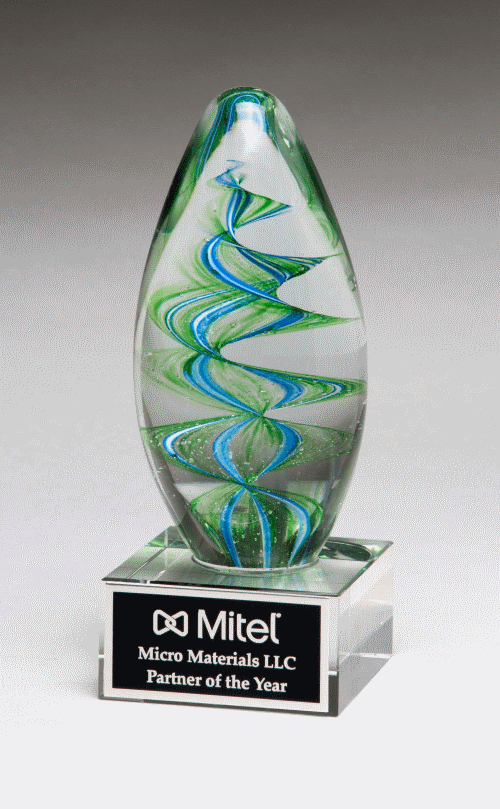 Egg shaped art glass award - blue and green helix