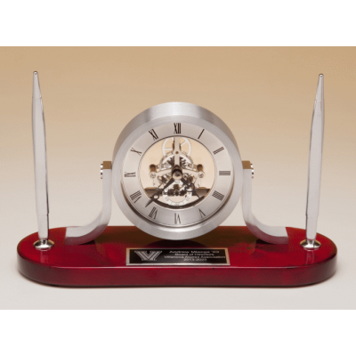 Silver Skeleton Clock Movement in Aluminum Case, Rosewood Piano-Finish Base and Silver Pens