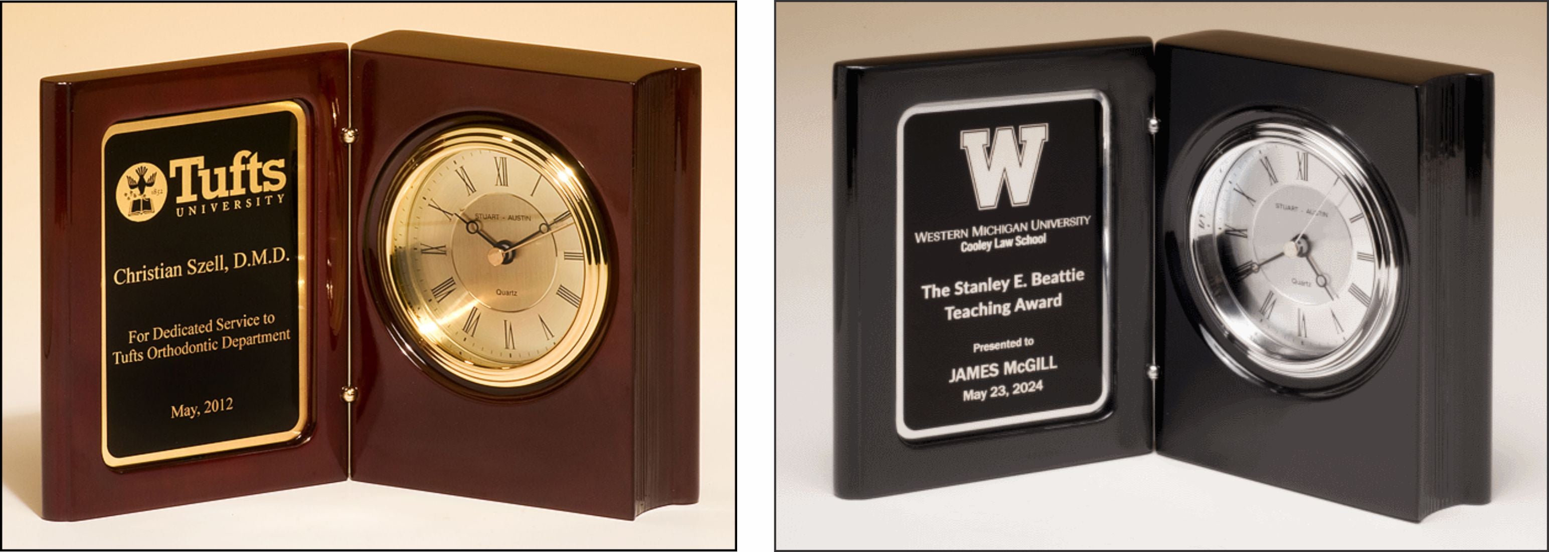 Rosewood Piano-Finish Book Clock with Diamond-Spun Dial and Three Hand Movement