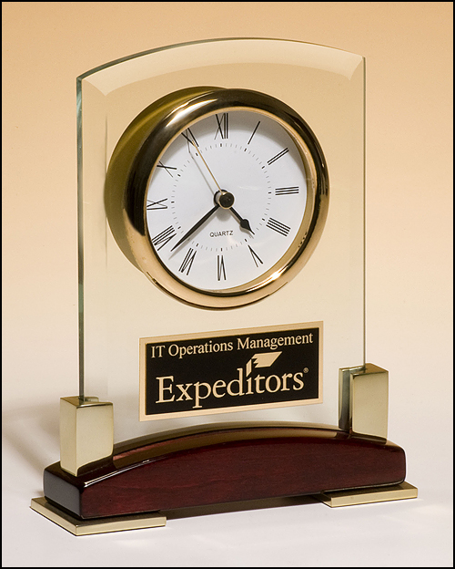 Beveled Glass Desktop Clock, Rosewood Piano-Finish Base with Gold Metal Accents