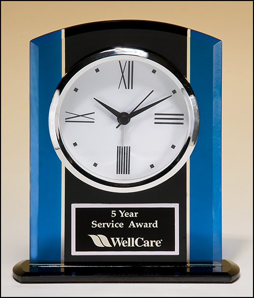 Black and Blue Glass Clock, Silver Bezel and Three Hand Movement