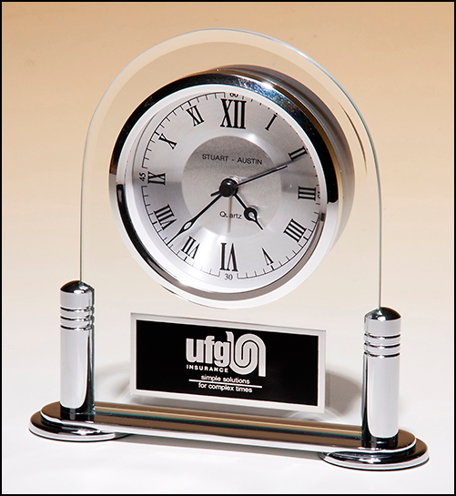 Desk Clock with Beveled Glass Upright and Silver Metal Base, Three Hand Movement