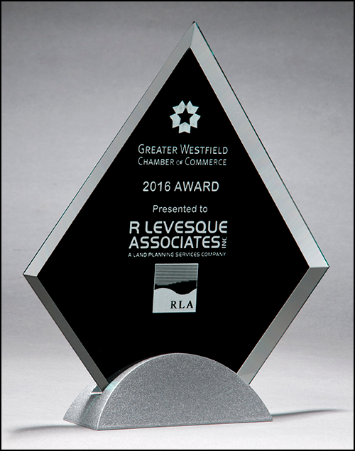 Diamond-Shaped Glass Award with Engraved Black Silk Screen on Silver Metal Base