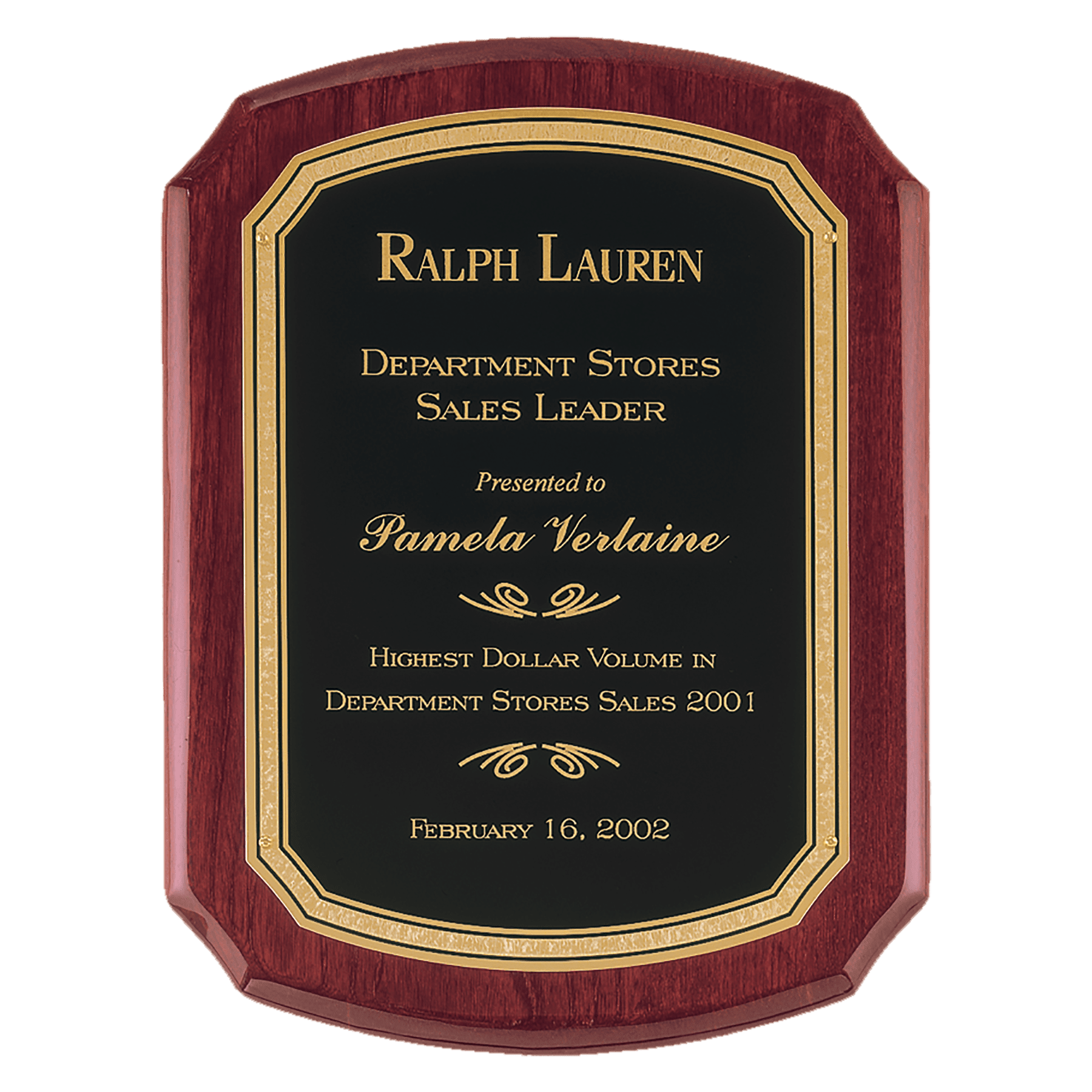 Rosewood Piano Finish Plaque with Black & Gold Thick Multi-Lined Border Plate - Notched Corners & Rounded Edges