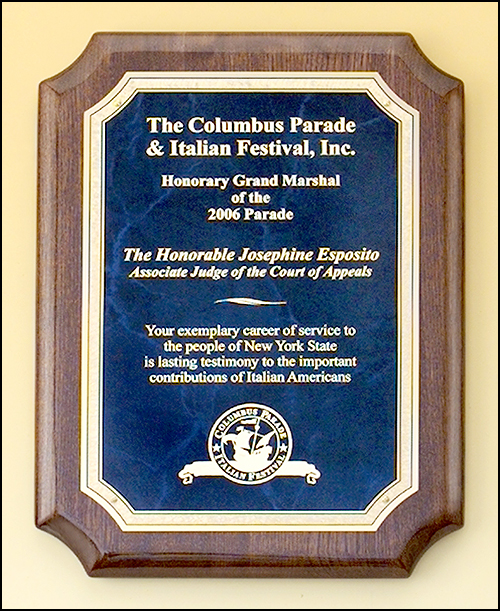 Notched Walnut Piano Finish Plaque with Marble Sapphire & Gold Plate - Florentine Border