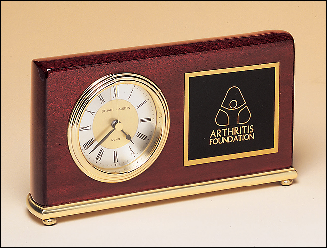 Rosewood Piano-Finish Horizontal Clock, Brass Base, Diamond-Spun Dial, Three Hand Movement