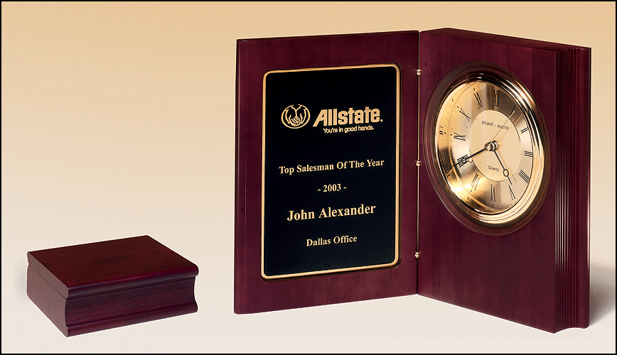 Hand-Rubbed Mahogany-Finish Book Clock with Gold-Spun Dial, Three Hand Movement