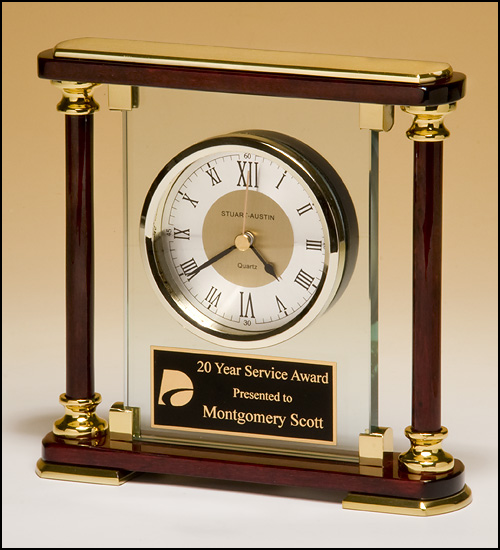 Glass and Rosewood Piano-Finish Clock with Gold Metal Accents