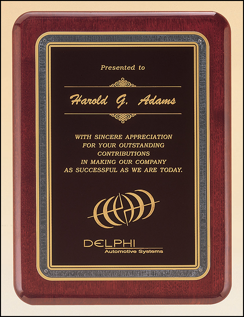 Rosewood Piano Finish Plaque with Gold Rounded Lined Florentine Border Design